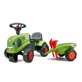 Odrážecí traktor Claas s přívěsem, hráběmi a lopatkou, ideální pro malé farmáře od 3 let